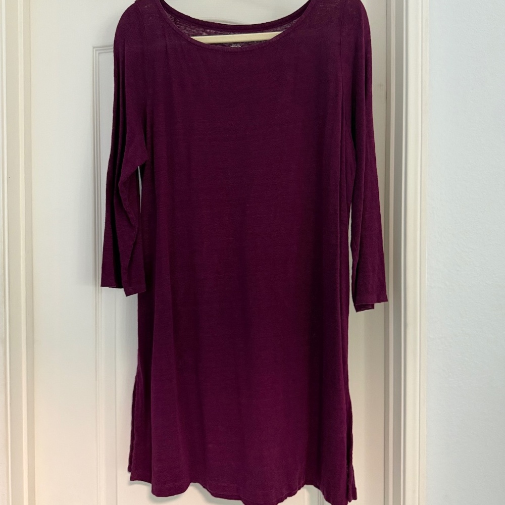 NWOT Eileen Fisher Organic Linen Burgundy Shirt Dress, Long Sleeve, Medium